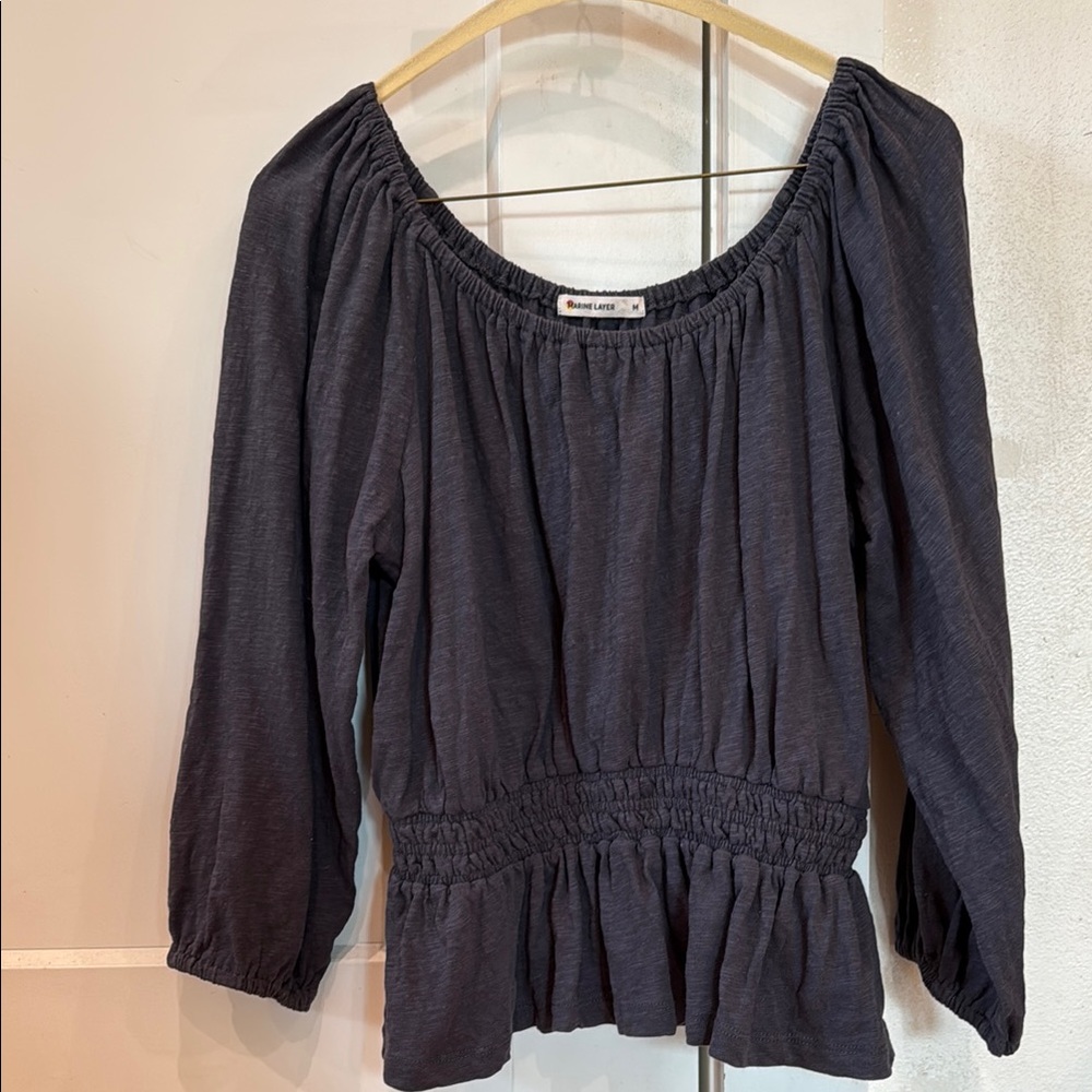 Marine Layer Slate Blue 100% Cotton Smocked Peplum Blouse